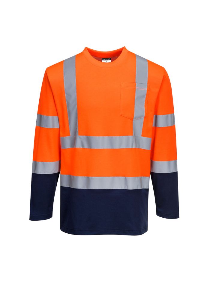 Hi-Vis Cotton Comfort Contrast T-Shirt L/S , L, R, Orange/Navy