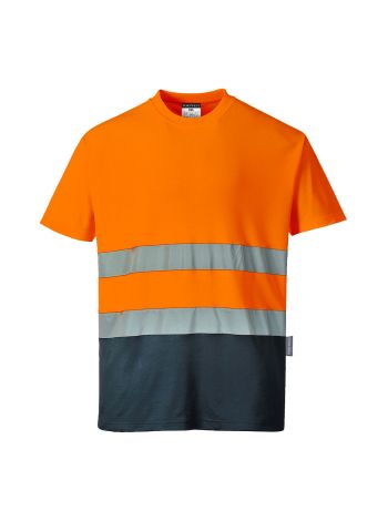 Hi-Vis Cotton Comfort Contrast T-Shirt S/S , 4XL, R, Orange/Navy